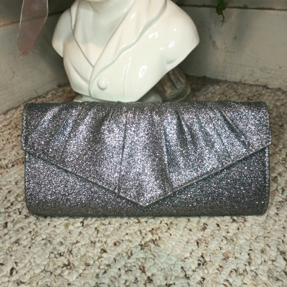 Icing Convertible Pleated Silver Glitter Envelope Clutch/Shoulder Evening Bag